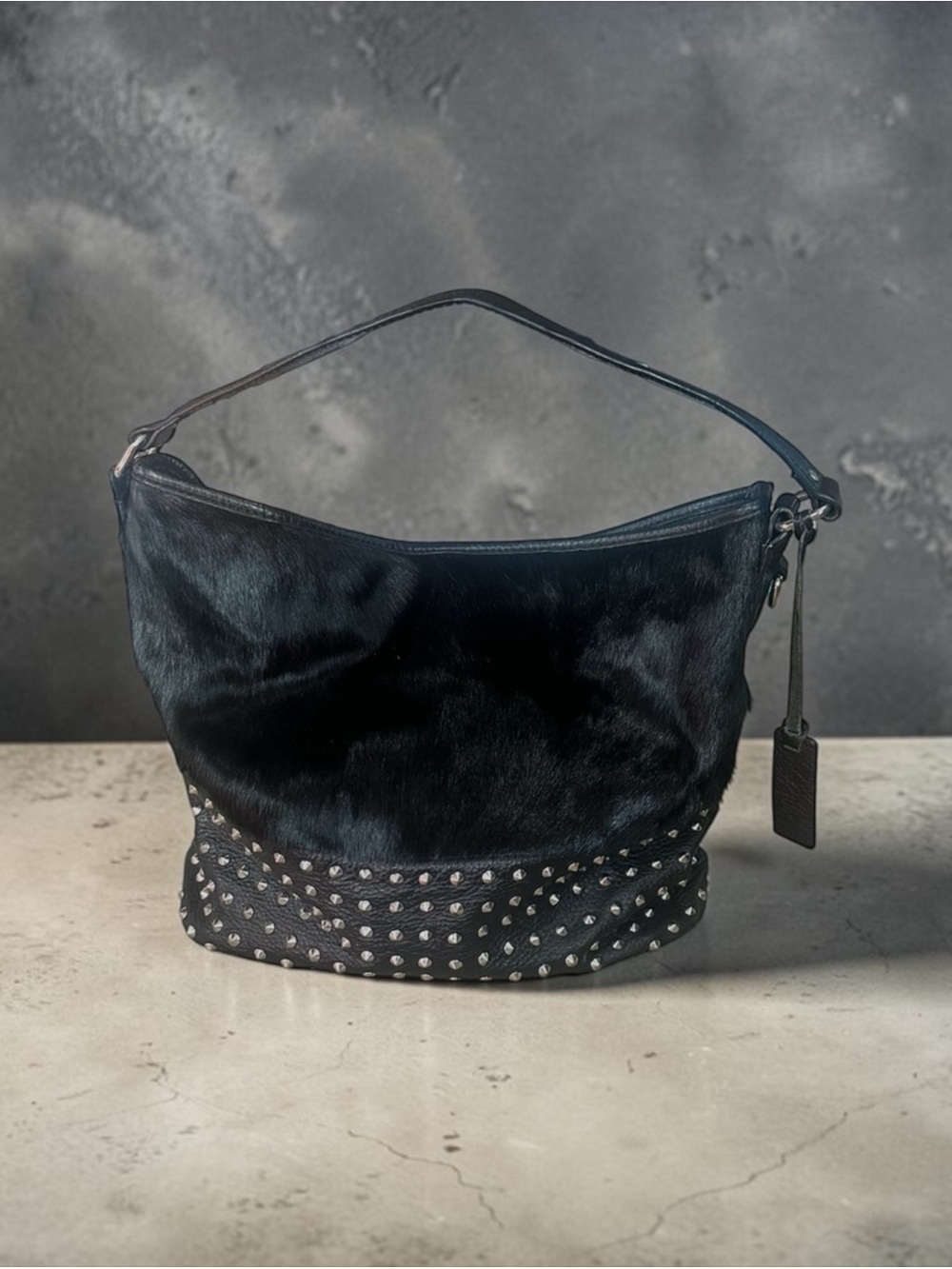 Aqua Madonna Calf Hair Stud Detail Black Leather Hobo Bag Purse